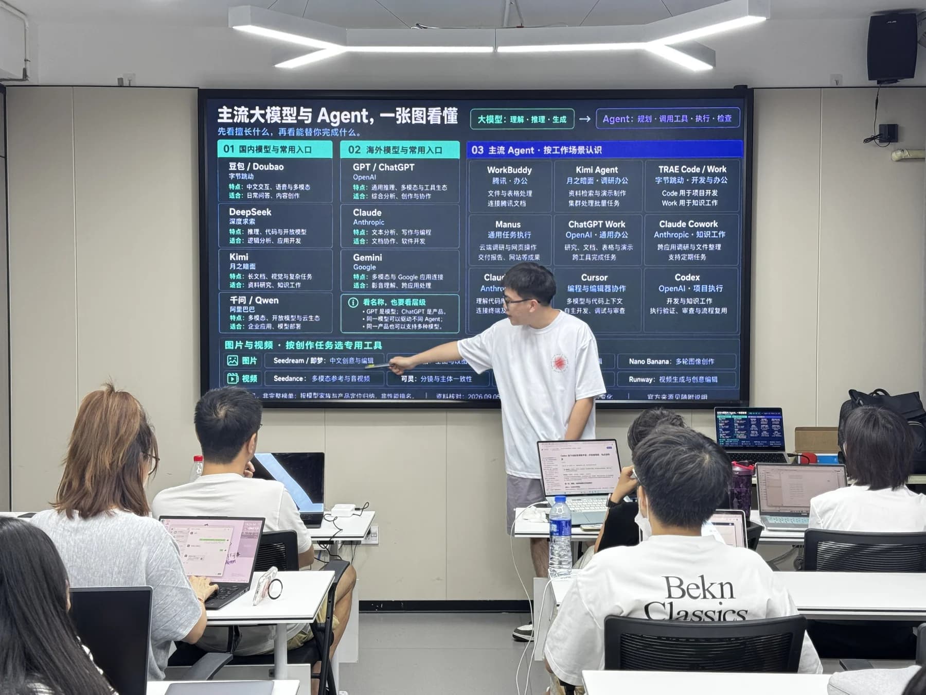 过往课堂中，奥德赛面对学员讲解屏幕上的 AI 模型与 Agent 工具